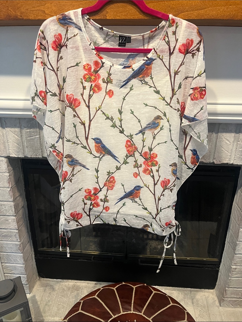 Bird & Blossom Dolman Tunic Top in White with Blue Accents